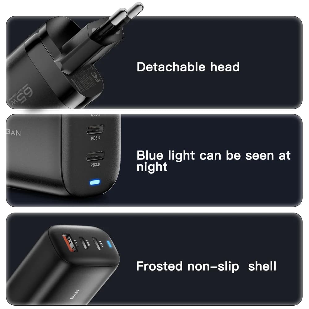 65W GaN USB-C nešiojamojo kompiuterio įkroviklis, PPS