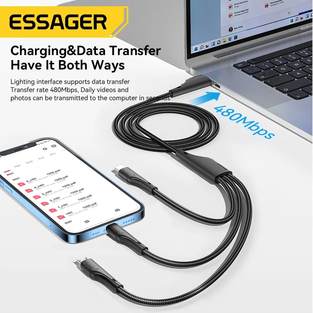 3-in-1 universalus įkrovimo kabelis USB-C Micro USB Lightning