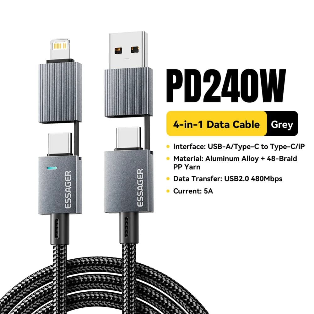 240W 4-in-1 greitojo įkrovimo laidas su USB-C jungtimis
