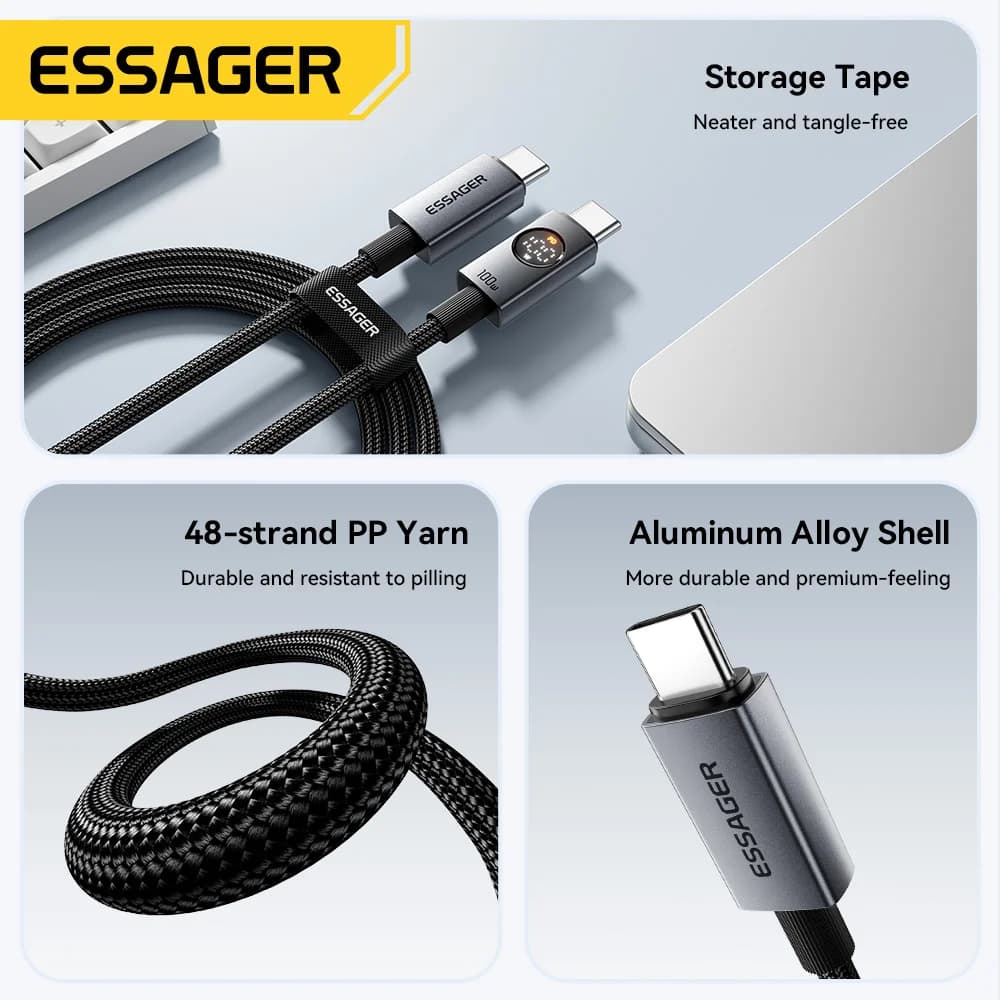 USB-C į USB-C kabelis su skaitmeniniu ekranu, 100W