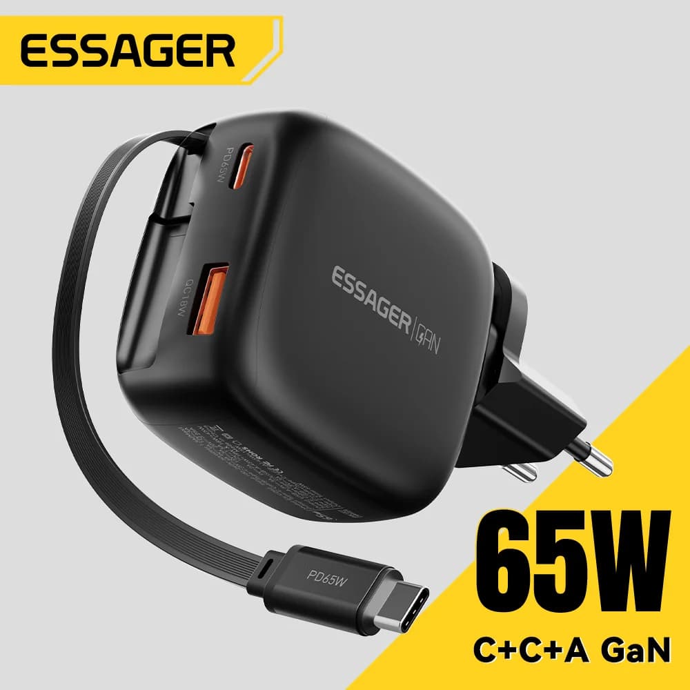 65W GaN įkroviklis su ištraukiamu 3-in-1 USB-C laidu