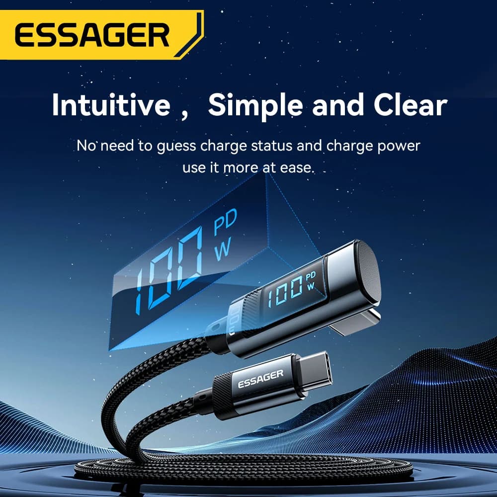 100W USB Type-C į USB-C kabelis su 90° LED ekranu