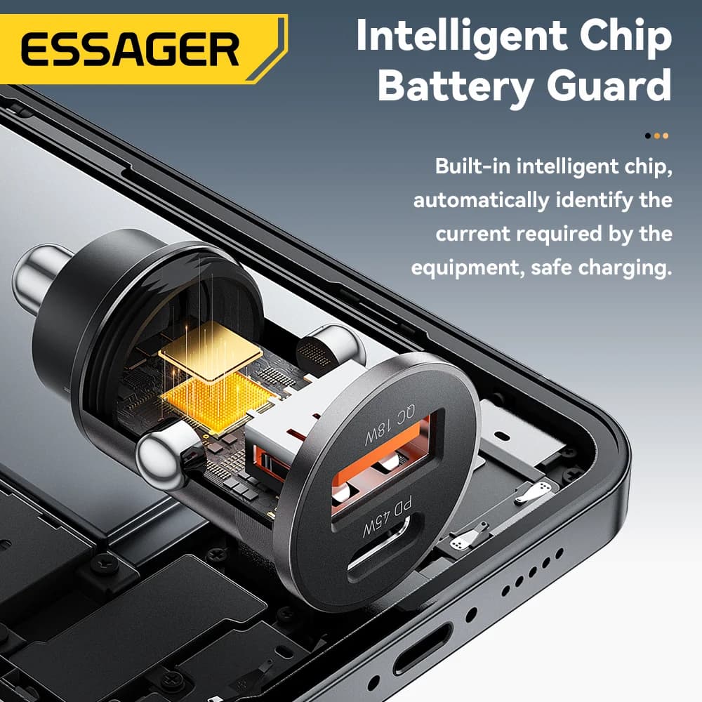 45W mini USB-C automobilinis įkroviklis, QC 3.0