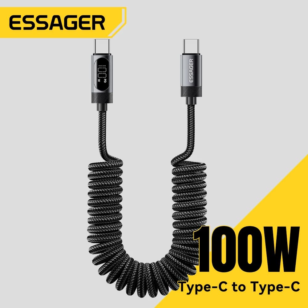 100W spyruoklinis USB-C į USB-C automobilinis kabelis