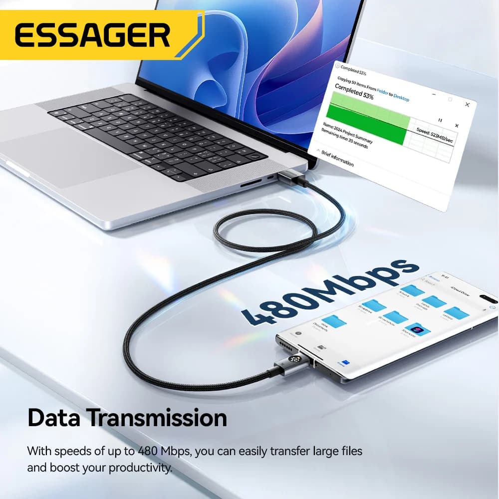 7A 100W USB-C laidas su skaitmeniniu ekranu