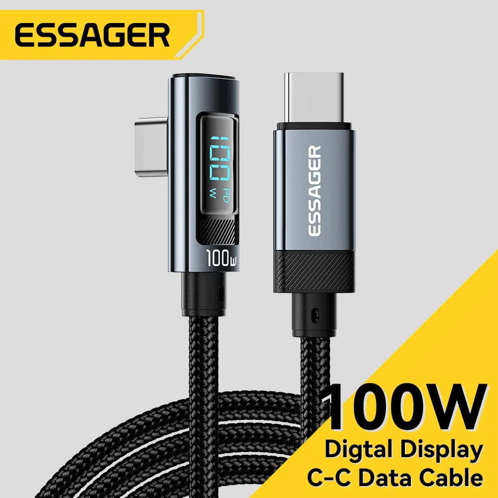 100W 5A 90 laipsnių USB-C kabelis su LED ekranu