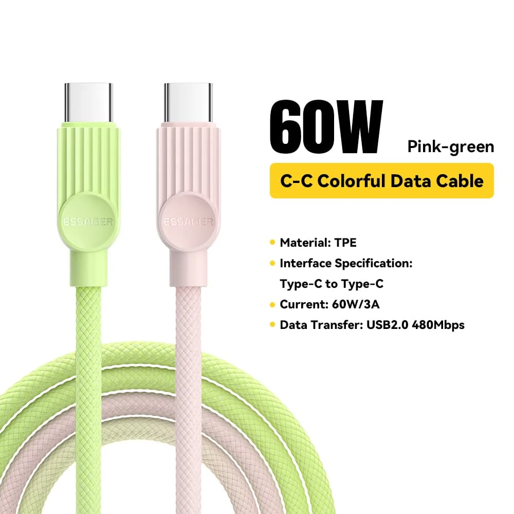 60W spalvotas USB-C į USB-C greito įkrovimo kabelis