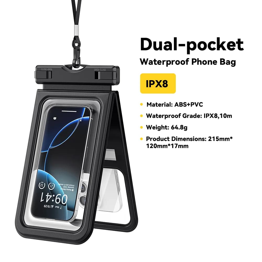 IPX8 vandeniui atsparus dėklas telefonui su dviem kišenėmis