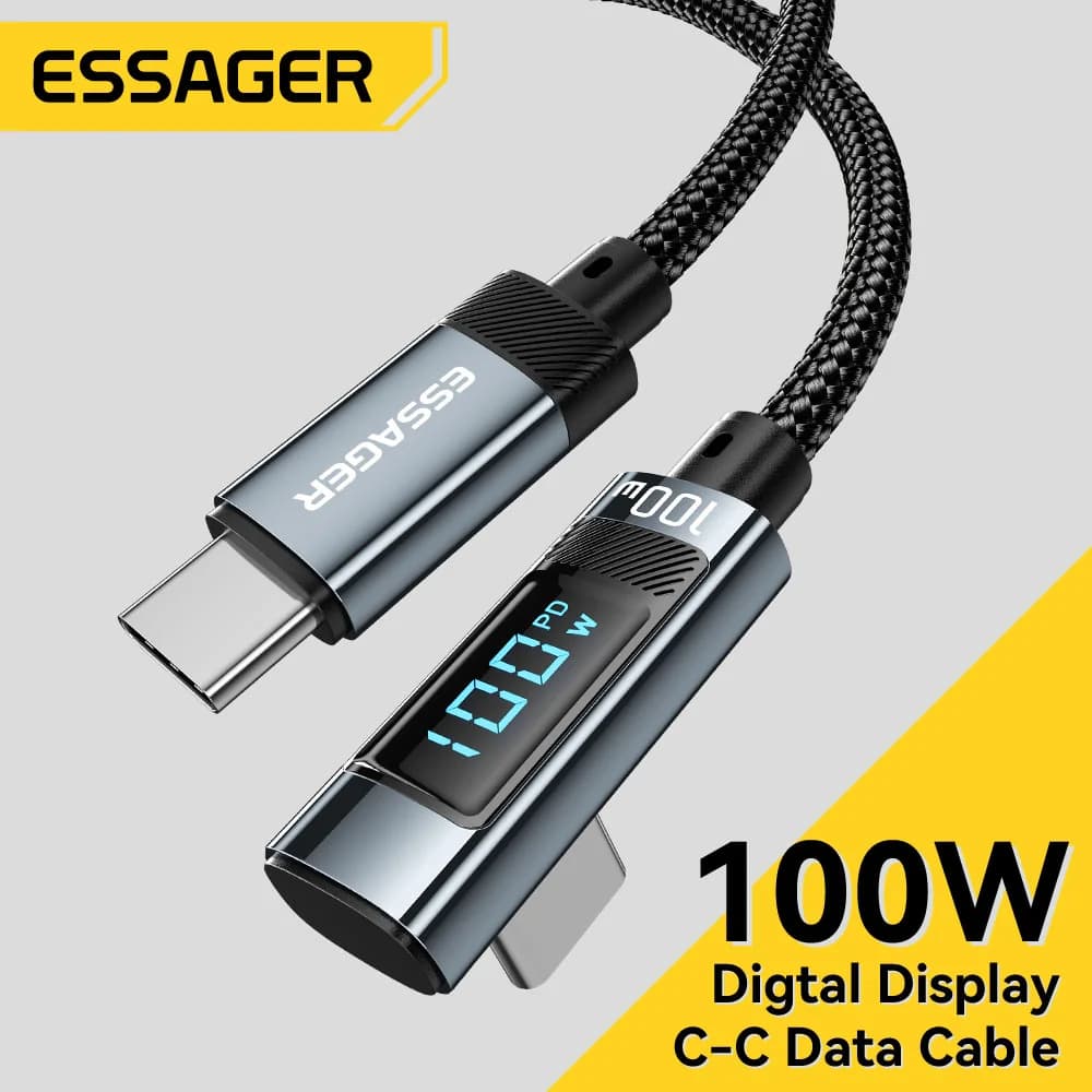 100W USB Type-C į USB-C kabelis su 90° LED ekranu