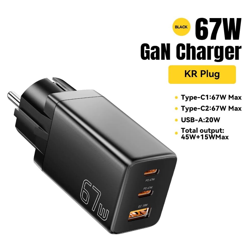GaN USB Type-C įkroviklis su ES/KR kištukų variantais